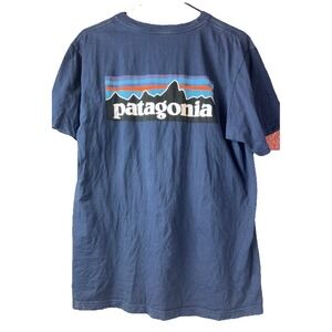 Patagonia Men's BlueMedium  Organic Cotton T-Shirt Front/Back  Big Logo Sporty